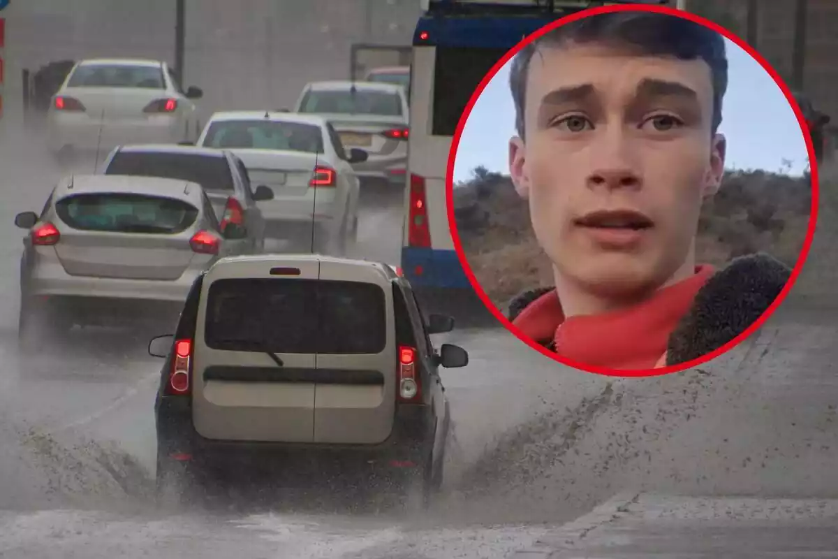 Imatge de Jorge Rey en primer pla i una altra de diversos cotxes per una carretera amb pluja i aigua