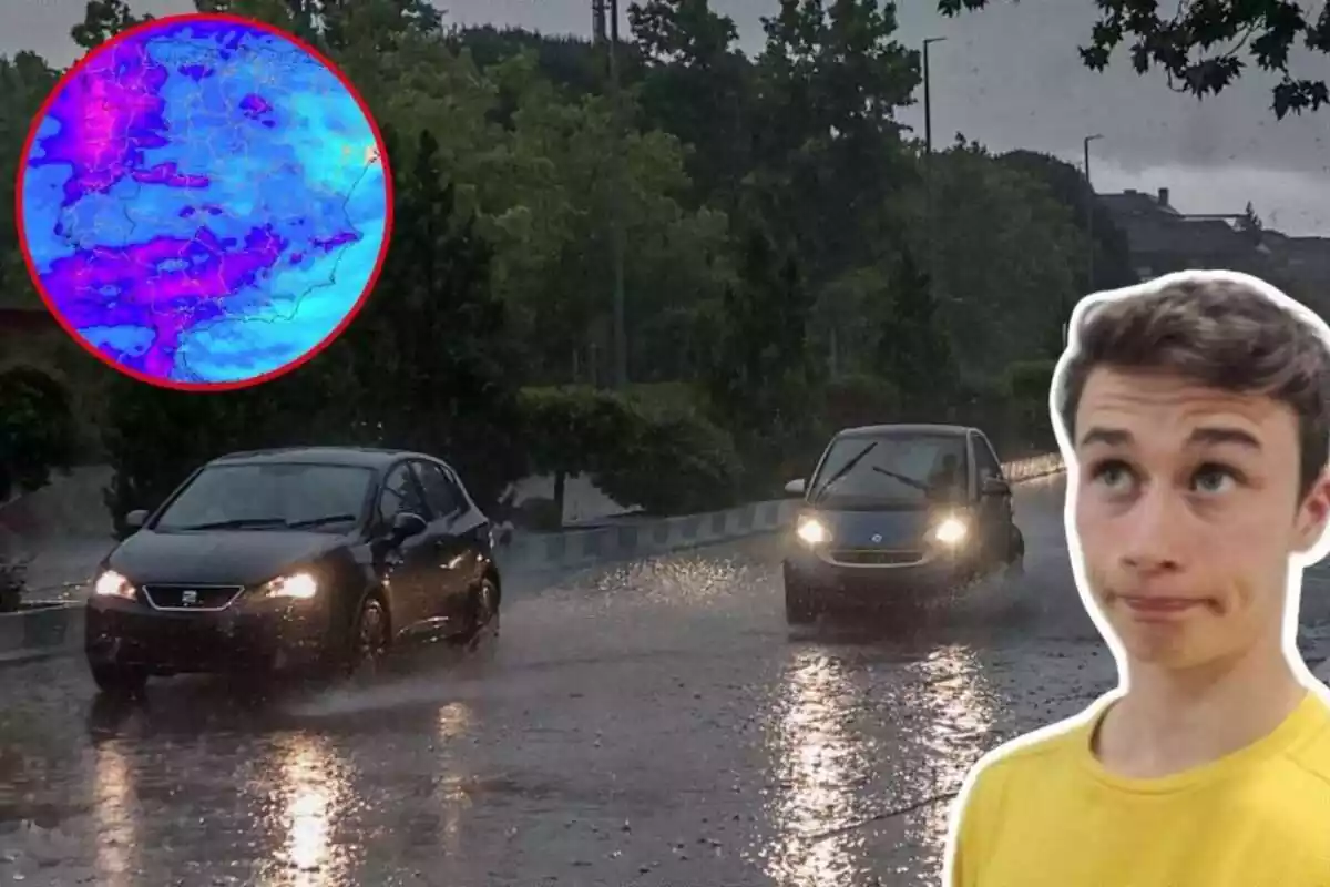 Imatge de fons d´uns cotxes circulant per carreteres amb pluja i una altra de Jorge Rey al costat d´una altra d´un mapa d´acumulació de pluges