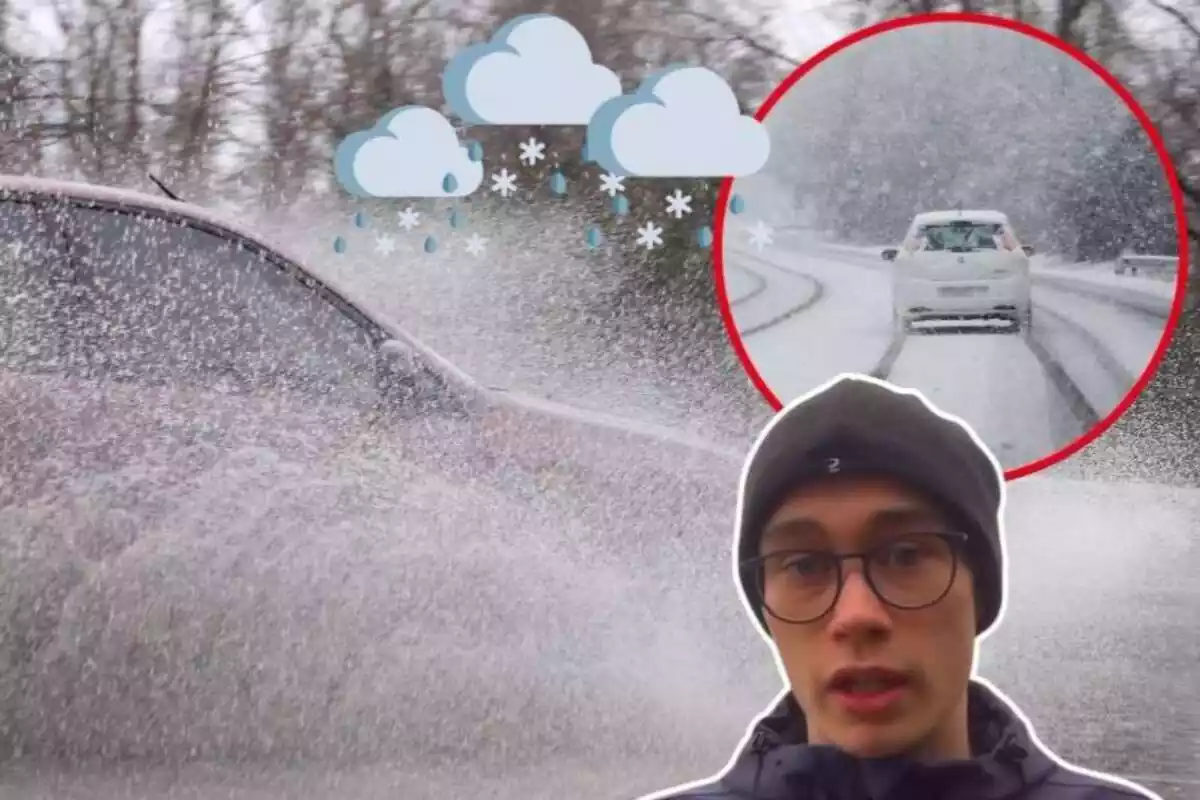 Imatge de fons d'un cotxe per una carretera entolleu aixecant aigua al costat d'una altra imatge d'un cotxe per una carretera nevada i una altra imatge de Jorge Rey, a més d'unes emoticones de núvols amb neu i pluja