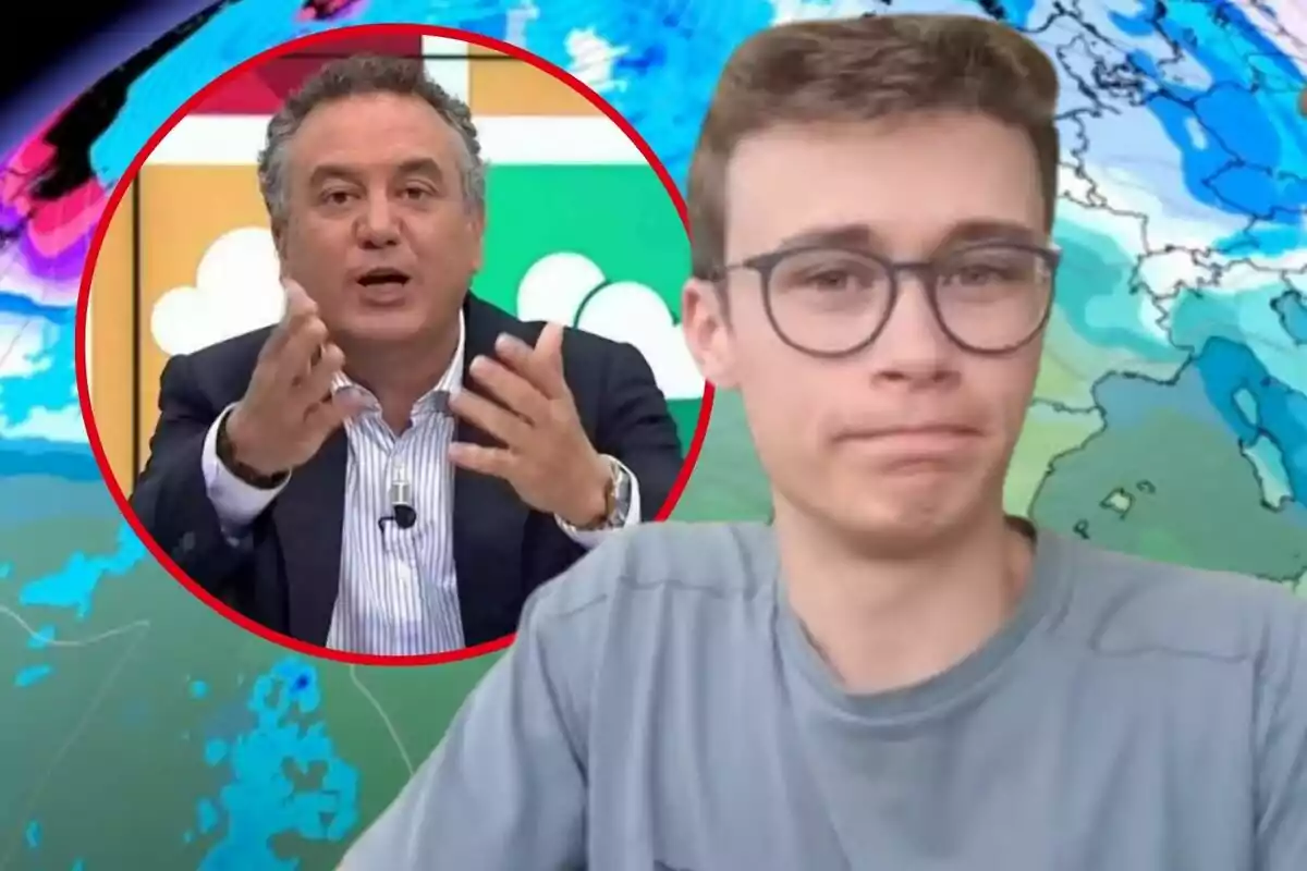 Un home amb ulleres i expressió seriosa apareix en primer pla, mentre que en un cercle vermell darrere seu es veu un altre home gesticulant en un programa de televisió amb un fons de núvols.