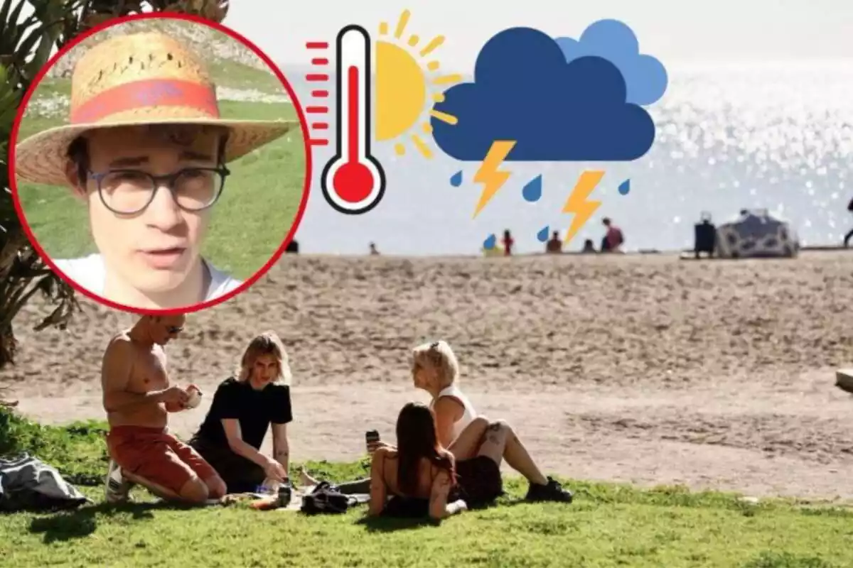 Imatge de fons de diverses persones a la platja de la Malagueta en un dia de calor de primavera i una altra imatge de Jorge Rey en un dels seus vídeos, a més de dues emoticones, de termòmetre marcant calor i de tempestes