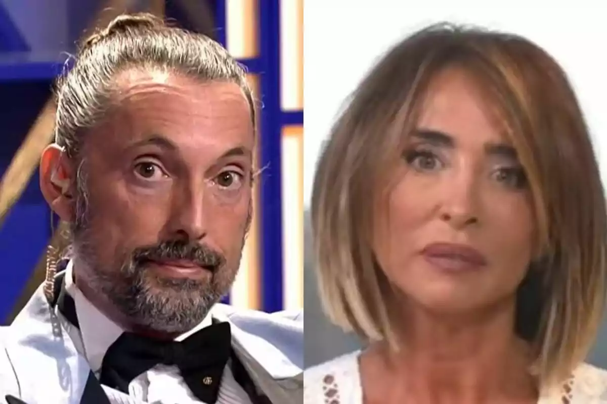 Dos personas en un programa de televisión, José Antonio León con traje y moño en De Viernes y María Patiño con cabello corto y expresión seria en Ni que fuéramos.