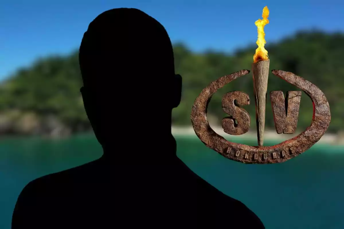 Silueta de Joshua Velázquez frente a un fondo de playa con el logo de un programa de televisión que tiene una antorcha y las letras SV (Supervivientes).