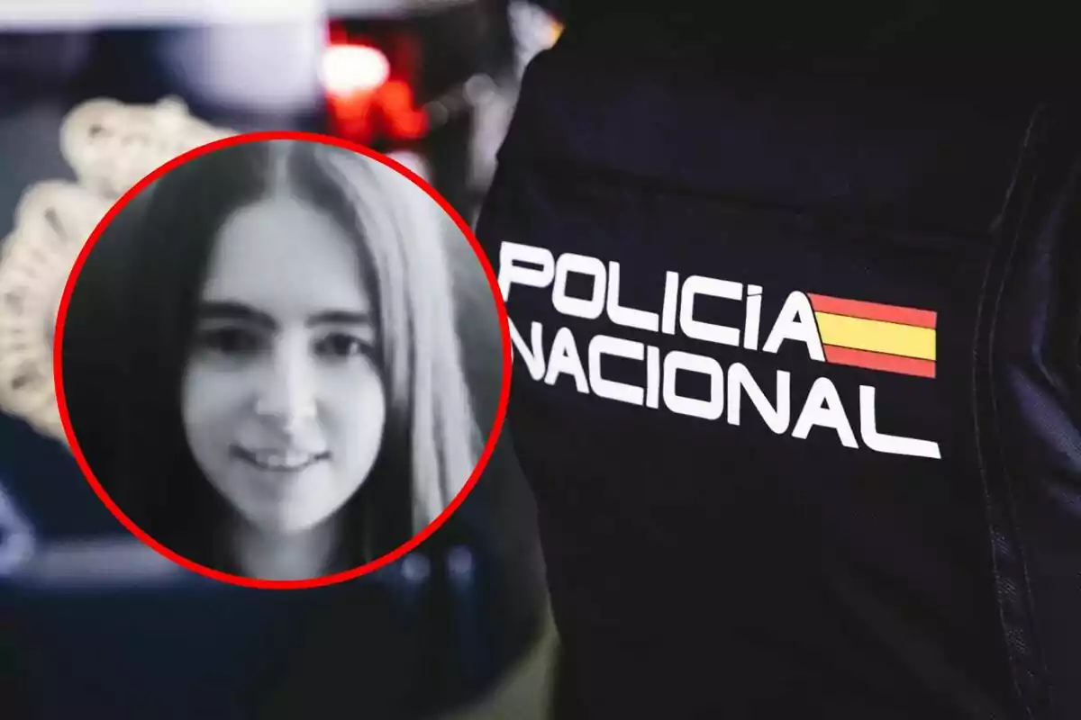 Una imagen muestra un uniforme de la Policía Nacional con un emblema y una fotografía en blanco y negro de una mujer en un círculo rojo.