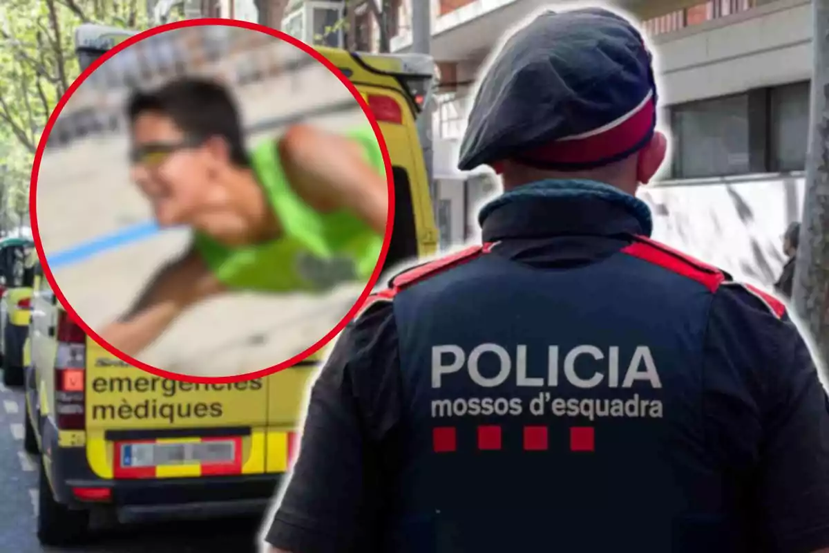 Un agent de la policia dels Mossos d?Esquadra està d?esquena, mentre que al fons es veuen ambulàncies d?emergències mèdiques i un requadre amb la imatge borrosa d?una persona amb ulleres esportives i samarreta verda.