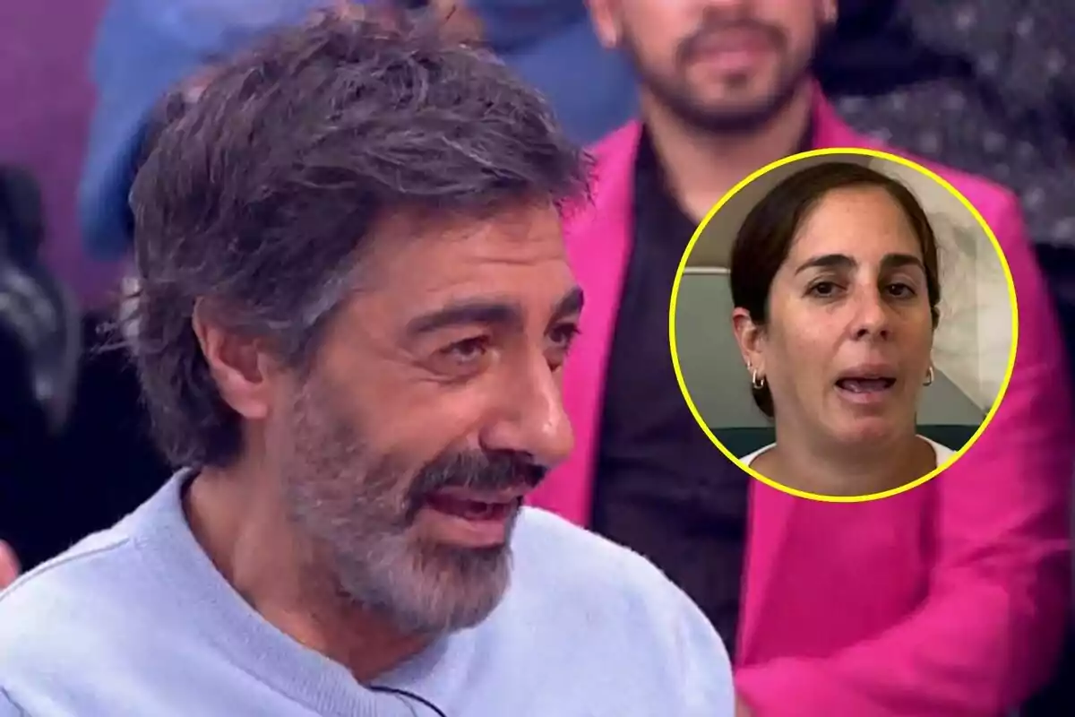 Juan del Val con barba y cabello canoso está hablando en La Roca, mientras que en la esquina superior derecha hay un círculo amarillo con la imagen de Anabel Pantoja.