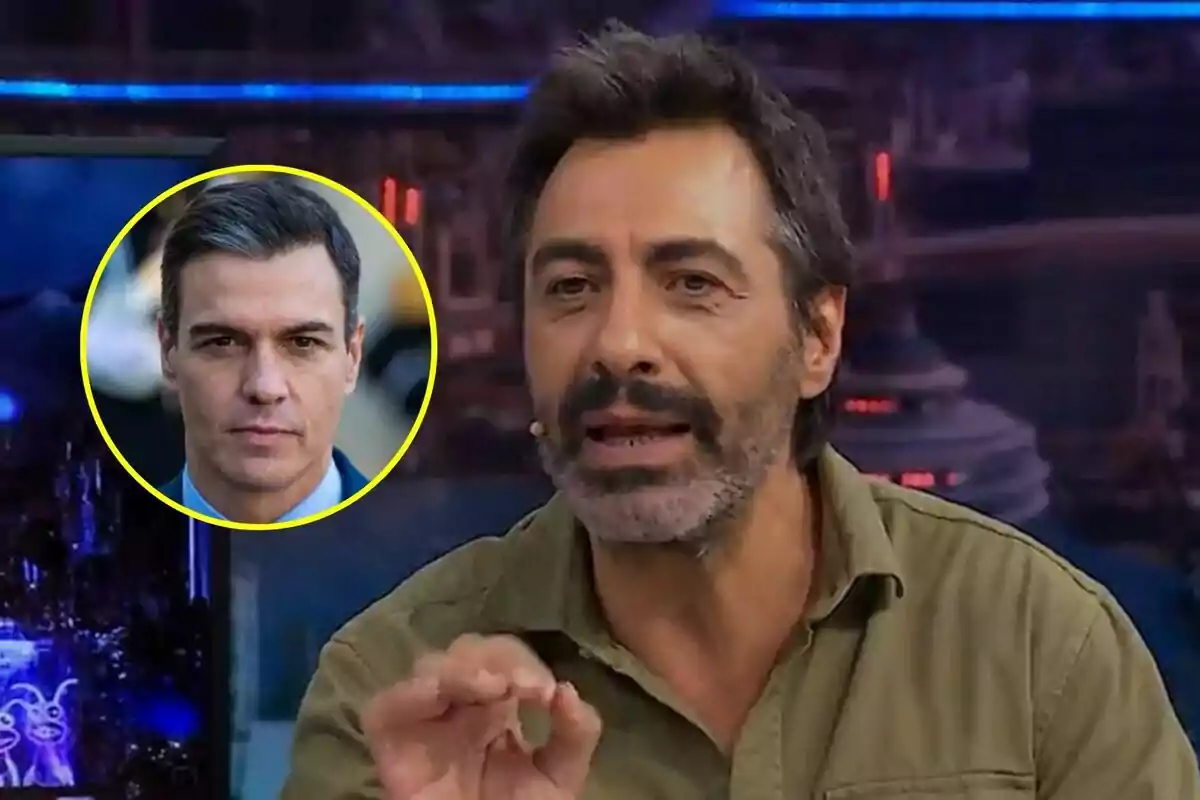 Juan del Val amb expressió seria parlant a la tertúlia del Hormiguero amb una imatge de Pedro Sánchez en un cercle groc a la cantonada.