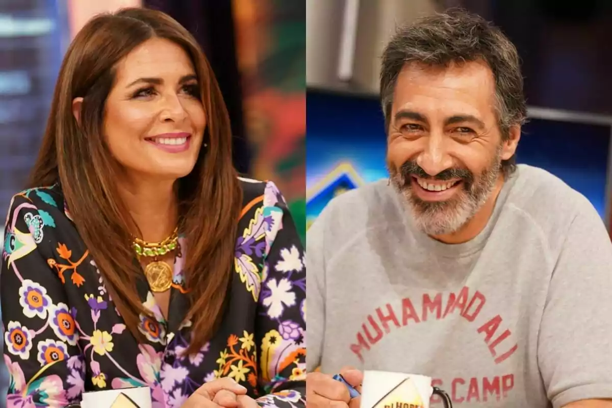 Nuria Roca i Juan del Val somriuen mentre estan asseguts a 'El Hormiguero', una dona porta una brusa acolorida i un home porta una samarreta grisa.