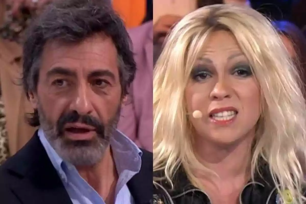 Dues persones en primer pla durant un programa de televisió La Roca, Juan del Val amb barba i cabell fosc i Yenesi amb perruca rossa i maquillatge cridaner, ambdues amb expressions serioses.