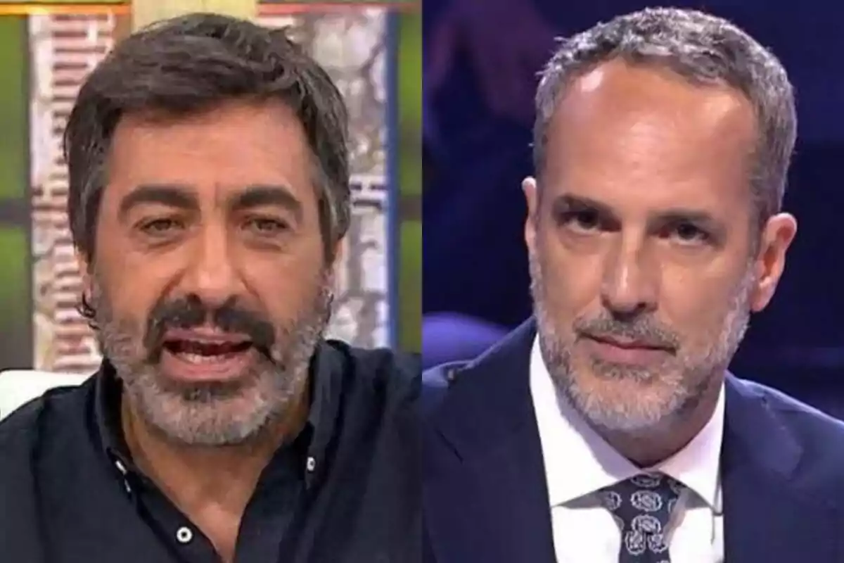 Dos hombres con barba y cabello canoso, Juan del Val con camisa oscura en La Roca y Santi Acosta con traje y corbata en De Viernes, en un montaje de imágenes lado a lado.