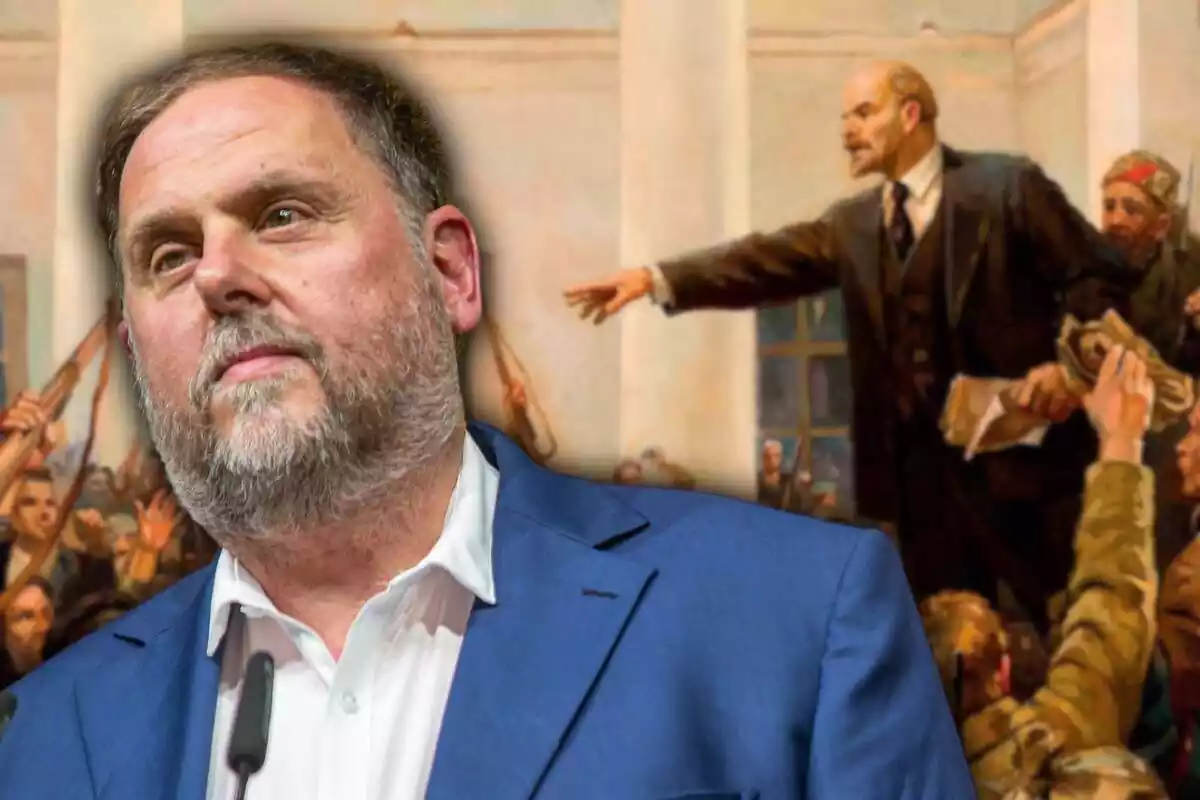 Muntatge amb un pla mitjà curt d'Oriol Junqueras amb cara de circumstàncies i de foto un collet de Lenin amb el braç cap endavant