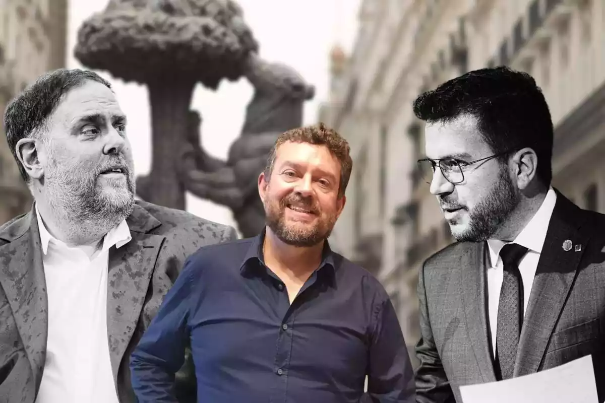 Muntatge amb els Polítics d'ERC, Oriol Junqueras, Francesc Marc Àlvaro i Pere Aragonès, amb l'Oso y el Madroño de Madrid de fons