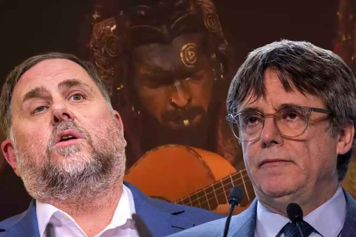 Muntatge amb un pla curt de la cara d'Oriol Junqueras i Carles Puigdemont i de fons la imatge d'un home disfressat tocant la guitarra en una xerigola de Cadis