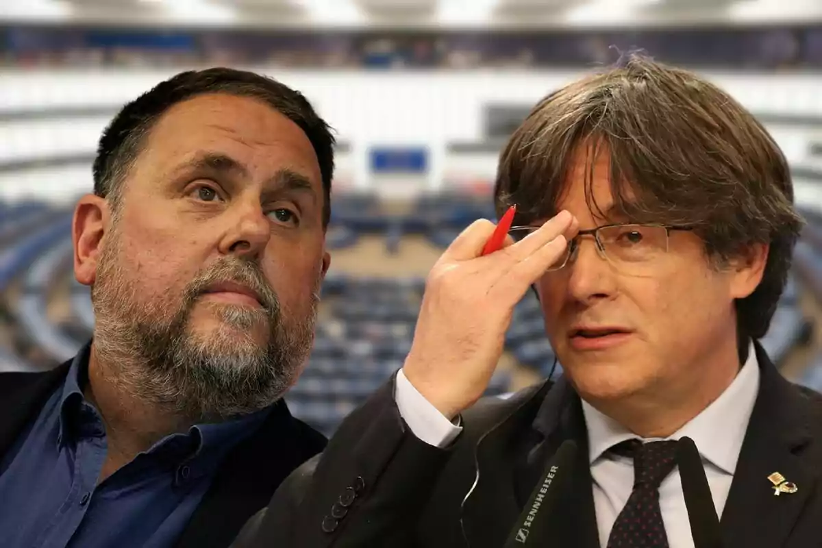 Muntatge amb un primer pla d'Oriol Junqueras i Carles Puigdemont amb cara de preocupació