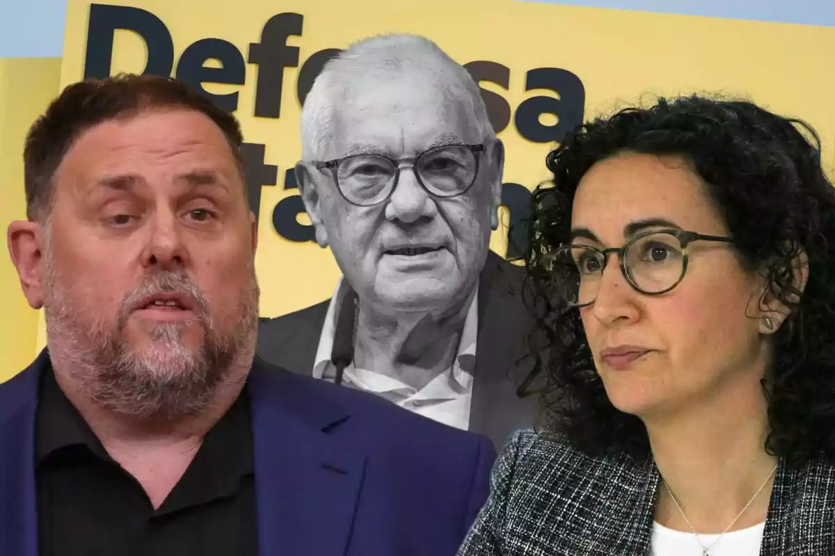 Tres persones apareixen a la imatge, Oriol Junqueras i Marta Rovira en primer pla i Ernest Maragall al fons, amb un cartell groc darrere seu.