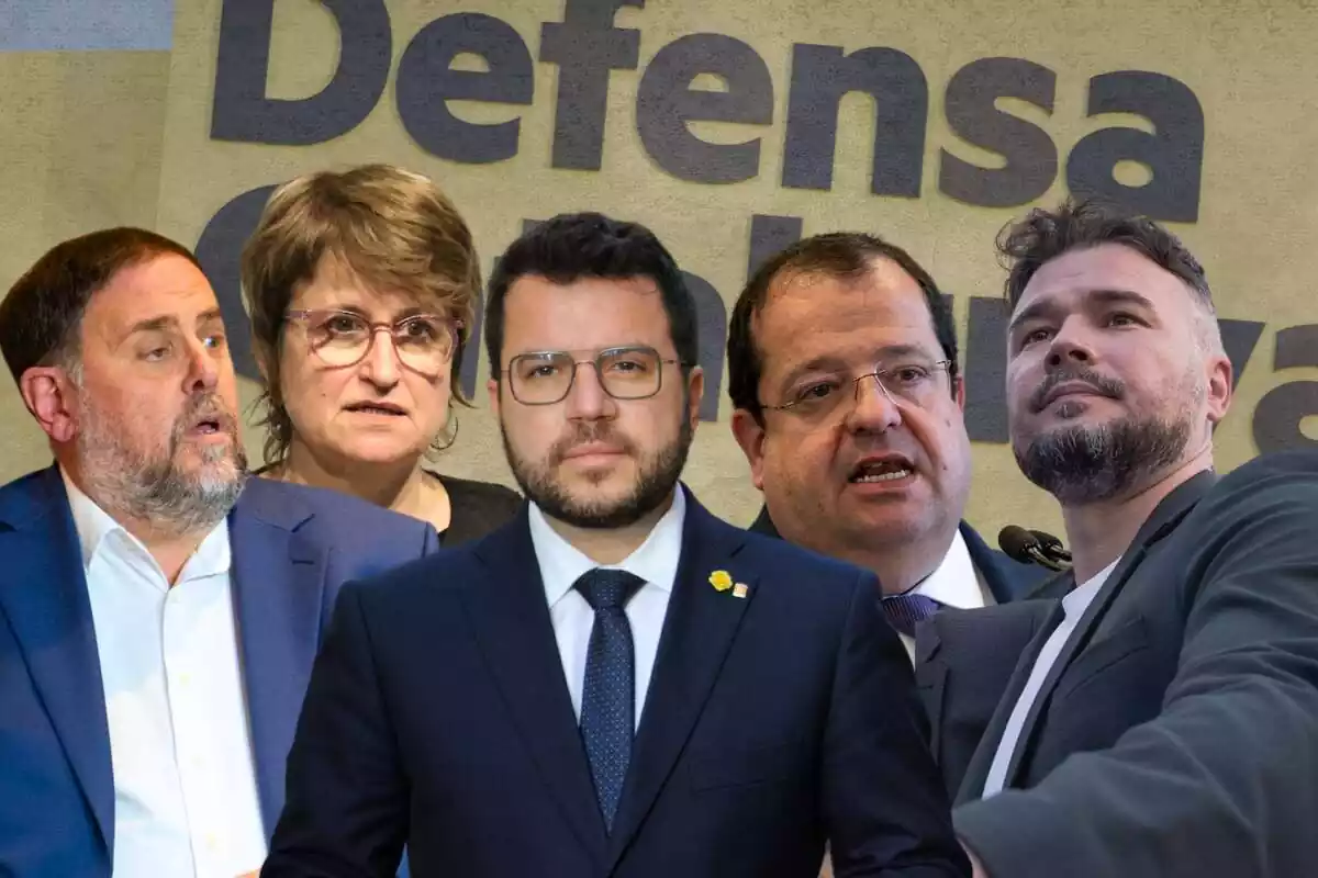 Muntatge fotogràfic amb els polítics d´Esquerra Republicana Oriol Junqueras, Anna Simó, Pere Aragonès, Joan Ignasi Elena i Gabriel Rufián, amb un cartell del seu partit amb el lema defensem catalunya de fons