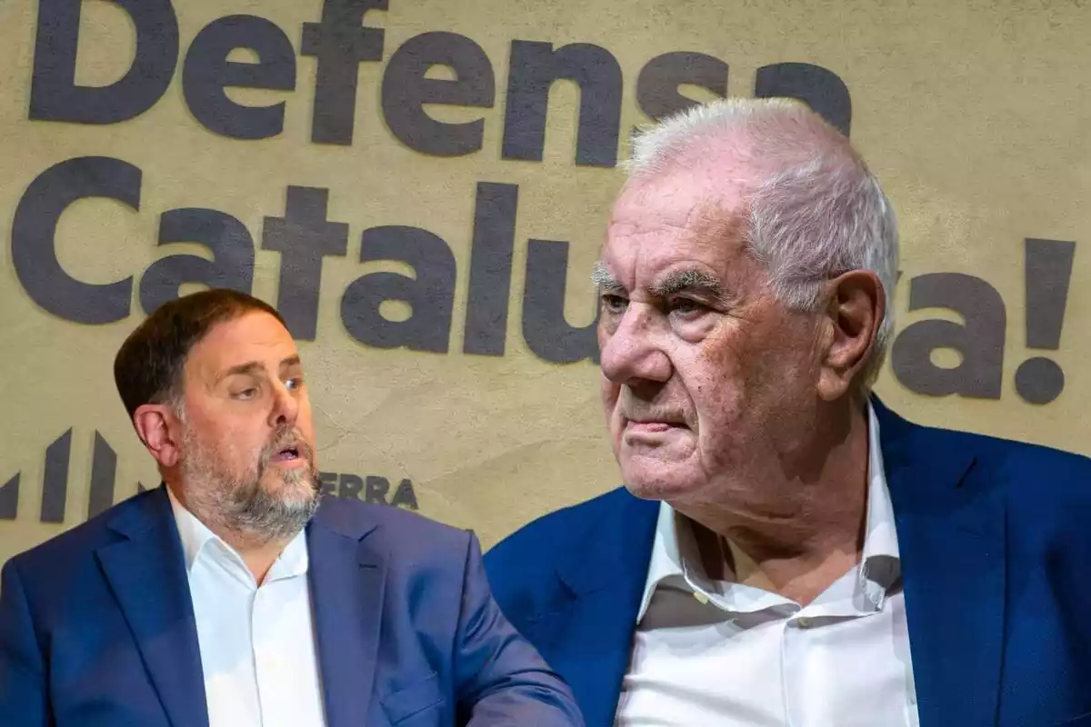 Muntatge fotogràfic amb els polítics d'ERC Oriol Junqueras i Ernest Maragall, amb un cartell del partit de fons