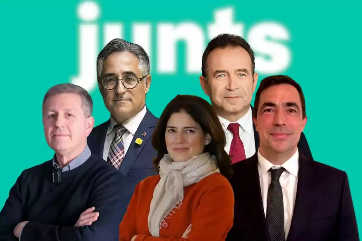 Five people pose in front of a turquoise background with the word Five people pose in front of a turquoise background with the word