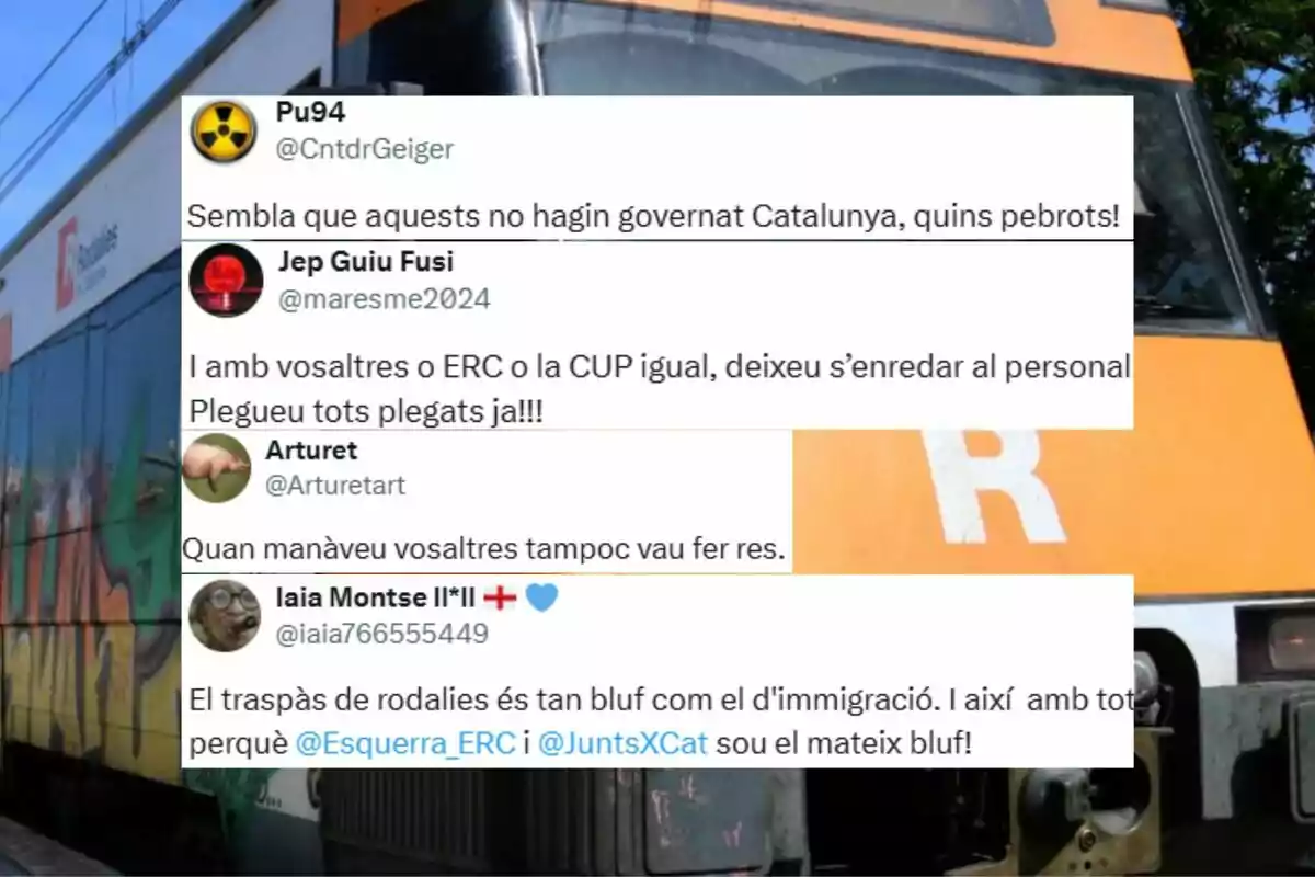 Comentaris en català sobre la gestió política a Catalunya, superposats a la imatge d'un tren de Rodalies. Comentaris en català sobre la gestió política a Catalunya, superposats a la imatge d'un tren de Rodalies.