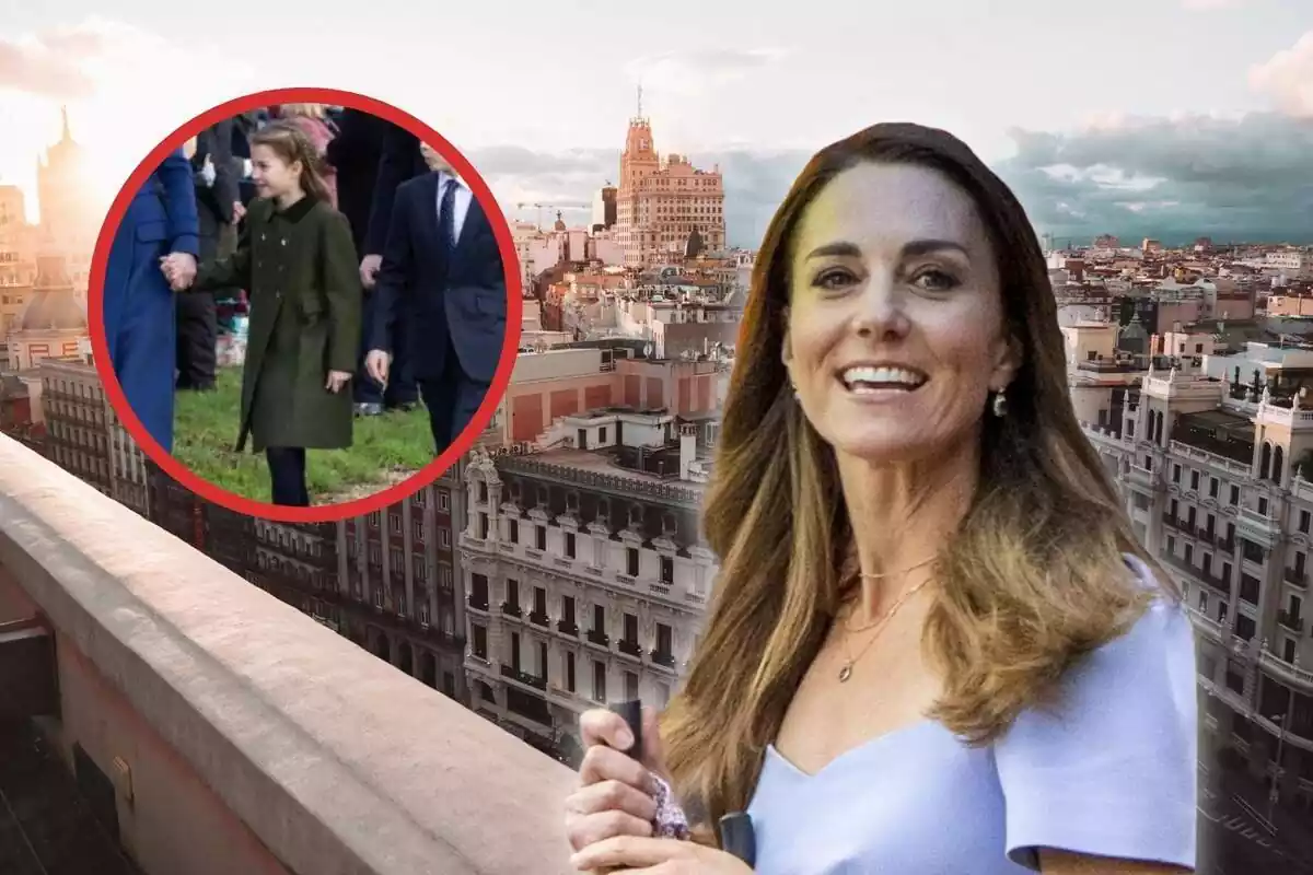 Kate Middleton sobre un fons de madrid i al costat un cercle amb la seva filla Charlotte