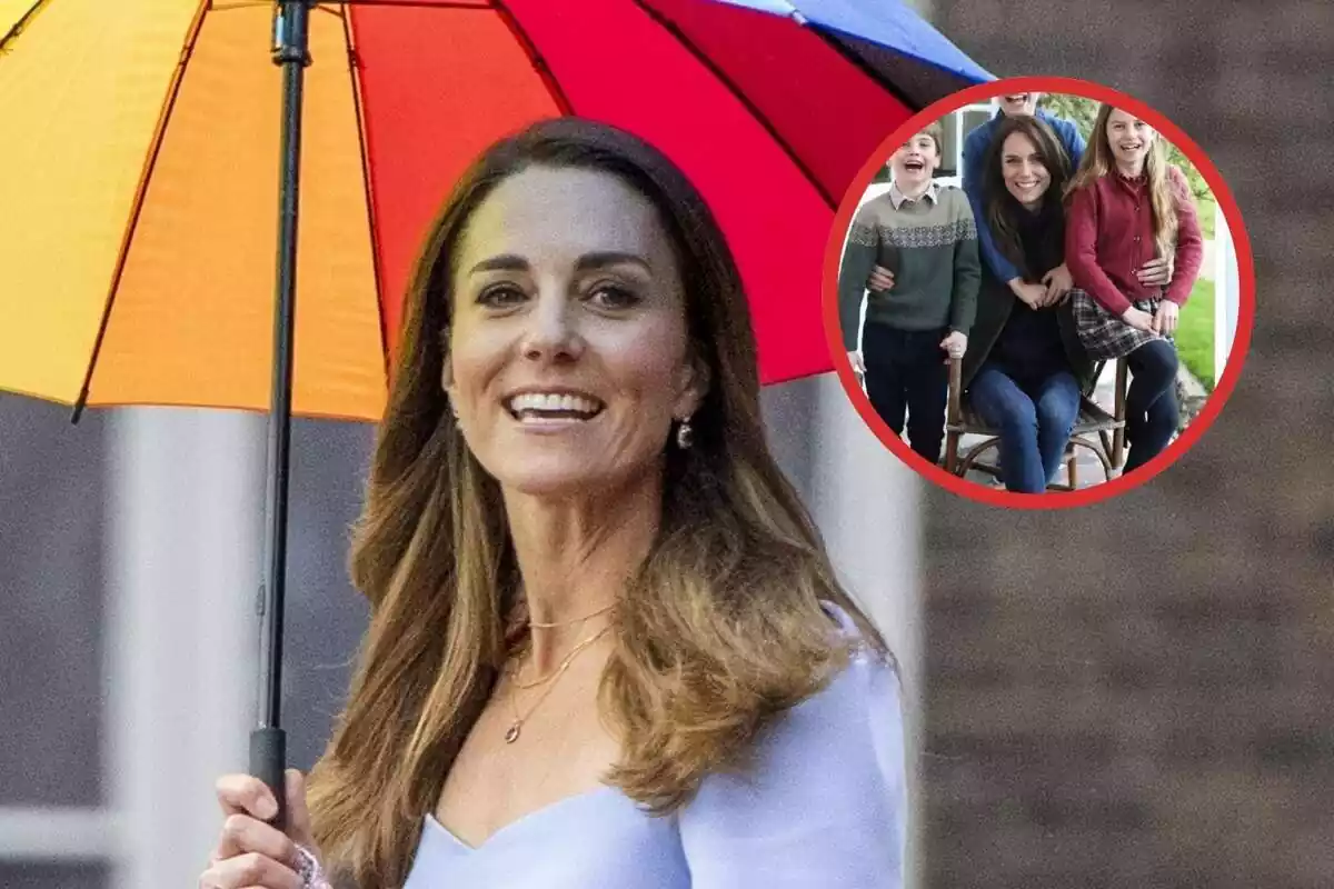 Kate Middleton amb un paraigua ia la dreta un cercle d'una imatge amb els seus fills
