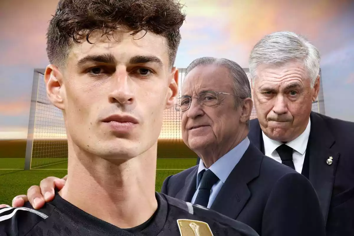 Kepa Arrizabalaga amb Carlo Ancelotti i Florentino Pérez