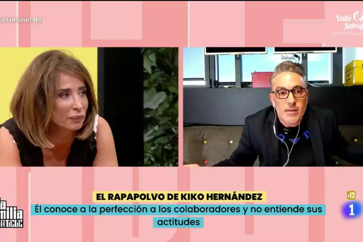 María Patiño i Kiko Hernández estan participant en una conversa a La Família de la Tele, una dona a l'esquerra i un home a la dreta, amb un text a la part inferior que menciona un comentari crític de Kiko Hernández sobre els col·laboradors.