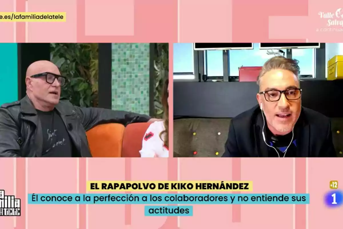 Kiko Hernández i Kiko Matamoros conversen a La Família de la Tele amb un fons acolorit i un text que menciona un comentari crític de Kiko Hernández sobre els col·laboradors. Kiko Hernández i Kiko Matamoros conversen a La Família de la Tele amb un fons acolorit i un text que menciona un comentari crític de Kiko Hernández sobre els col·laboradors.
