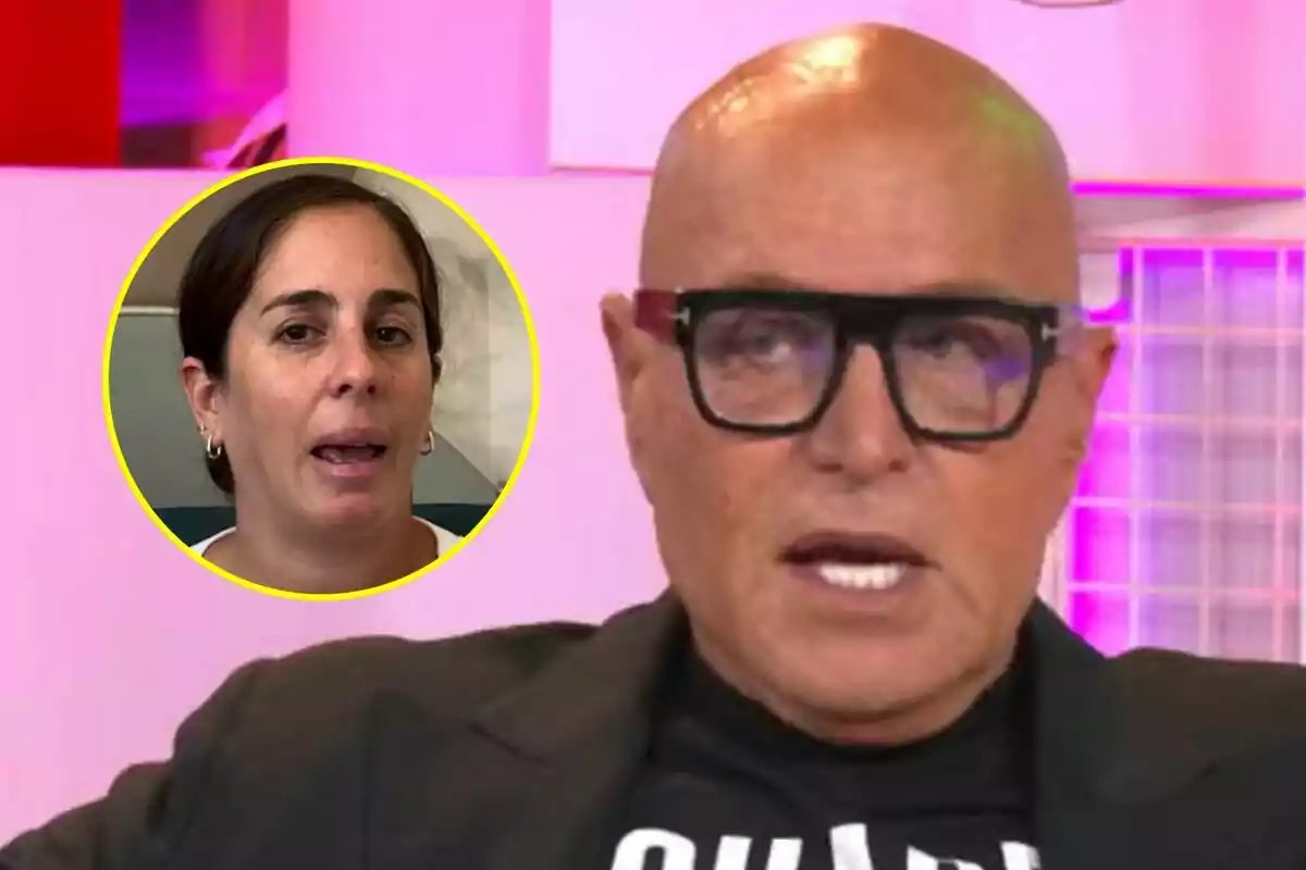 Kiko Matamoros con gafas y una camiseta negra en Ni que fuéramos aparece en primer plano mientras que en un recuadro circular se muestra el rostro de Anabel Pantoja.