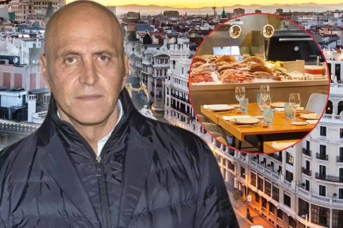 Kiko matamoros sobre un fons de Madrid ia la dreta un cercle amb un restaurant amb una taula parada i de fons una marisqueria
