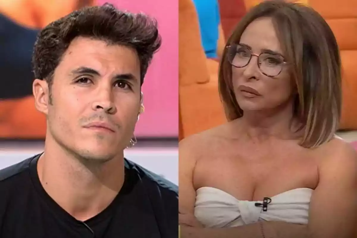 Kiko Jiménez amb cabell fosc i María Patiño amb ulleres i cabell llis posen en un programa de televisió amb expressions serioses.