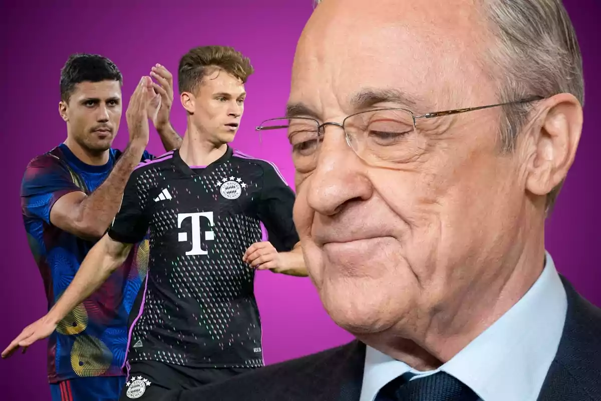 Un home gran amb ulleres apareix en primer pla mentre dos jugadors de futbol estan al fons amb un fons morat. Un home gran amb ulleres apareix en primer pla mentre dos jugadors de futbol estan al fons amb un fons morat.