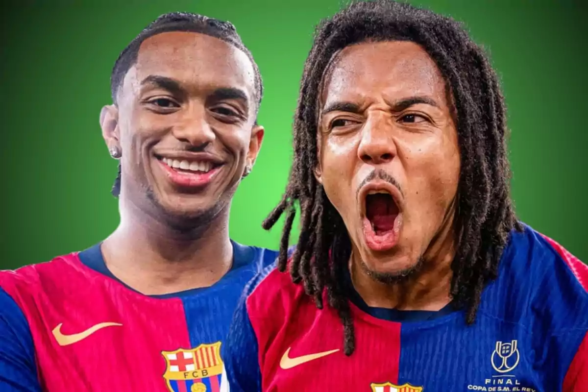Dos jugadors de futbol amb samarretes del FC Barcelona posen davant d'un fons verd, un somriu i l'altre mostra una expressió d'emoció.
