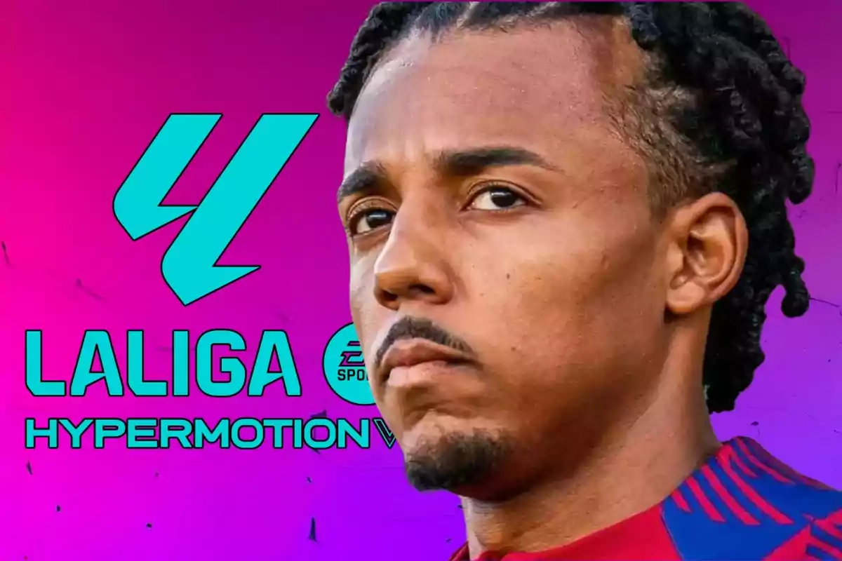 Un jugador de fútbol con expresión seria aparece en primer plano con el logo de LaLiga Hypermotion y un fondo degradado en tonos morados.