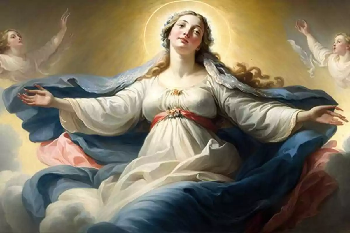 Pintura d´una figura femenina amb halo envoltada d´àngels en un entorn celestial.