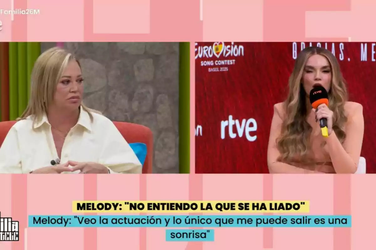 Dues dones apareixen en pantalla dividida durant La Família de la Tele, Belén Esteban està asseguda en un sofà taronja i Melody sosté un micròfon amb el logotip de rtve, a la part inferior hi ha un requadre amb frases destacades d’una entrevista a Melody. Dues dones apareixen en pantalla dividida durant La Família de la Tele, Belén Esteban està asseguda en un sofà taronja i Melody sosté un micròfon amb el logotip de rtve, a la part inferior hi ha un requadre amb frases destacades d’una entrevista a Melody.