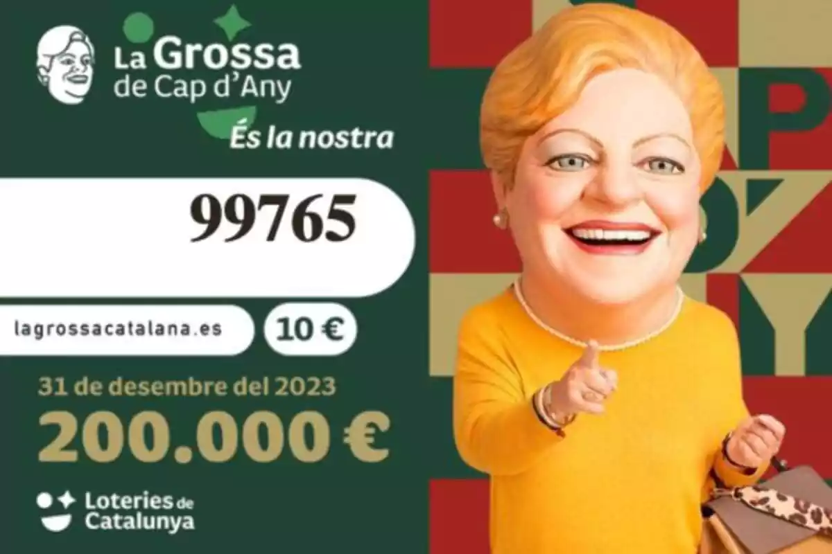 Imatge d'una senyora amb el cap molt gran i al fons un bitllet de loteria de la Grossa