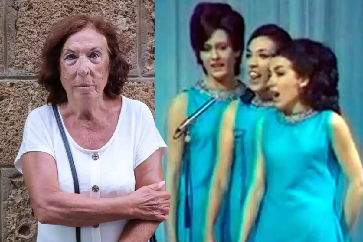 La Macaria, amb cabell castany i una samarreta blanca, està dreta al costat d'una imatge de tres dones joves cantant en un escenari, vestides amb vestits blaus. La Macaria, amb cabell castany i una samarreta blanca, està dreta al costat d'una imatge de tres dones joves cantant en un escenari, vestides amb vestits blaus.