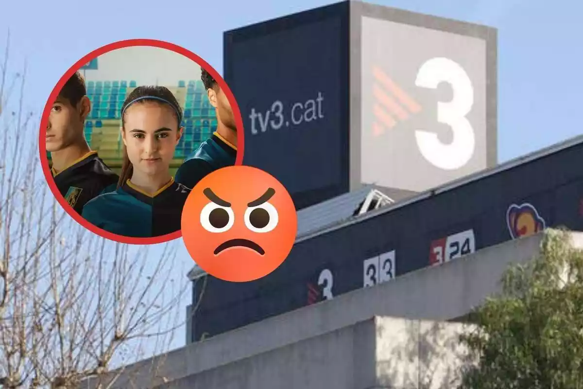 imatge de les oficines de tv3 amb un cercle amb la imatge de la sèrie l'acadèmia i un emoji enfadat