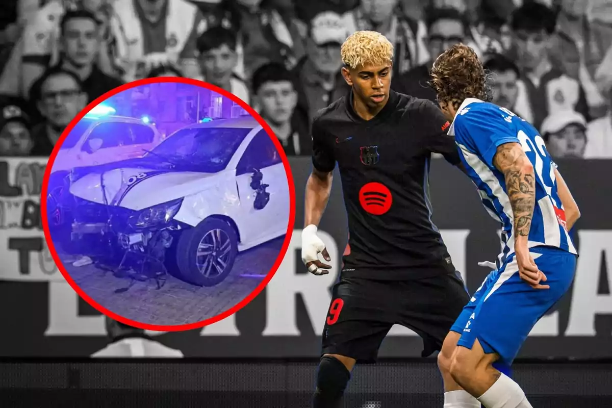 A player in a black uniform competes in a match while a circular overlay image shows a white car damaged in an accident.