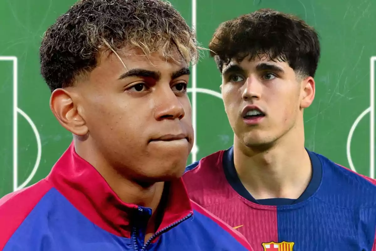 Dos jugadors de futbol amb samarretes del FC Barcelona apareixen en primer pla sobre un fons verd que simula un camp de joc.
