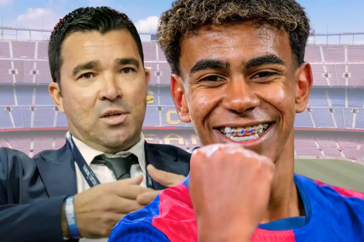 Dos homes en un estadi de futbol, un d’ells somriu i mostra aparells dentals de colors mentre l’altre porta vestit i sembla que està parlant.
