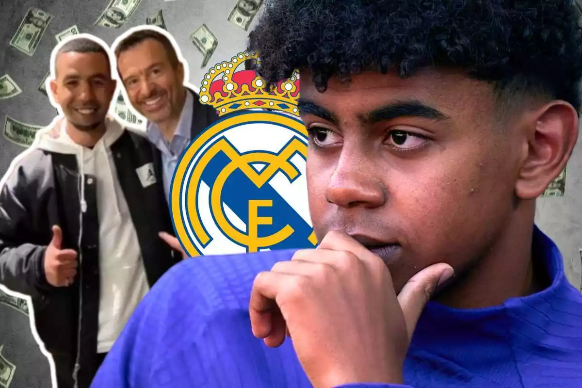 Lamine Yamal mira amb cara d'incredulitat el seu pare amb Jorge Mendes i un escut del Reial Madrid al costat