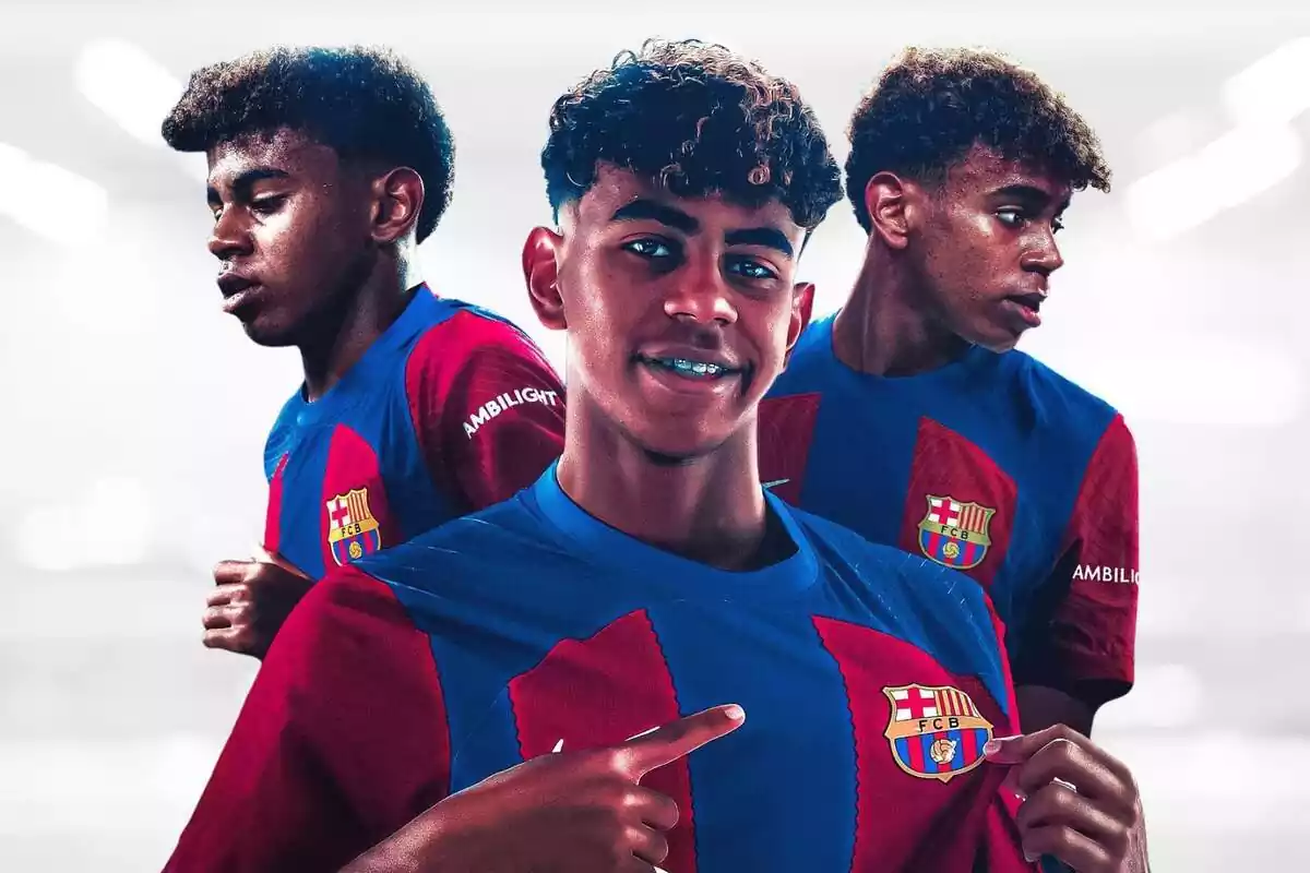 Lamine Yamal a diverses imatges amb la samarreta del FC Barcelona