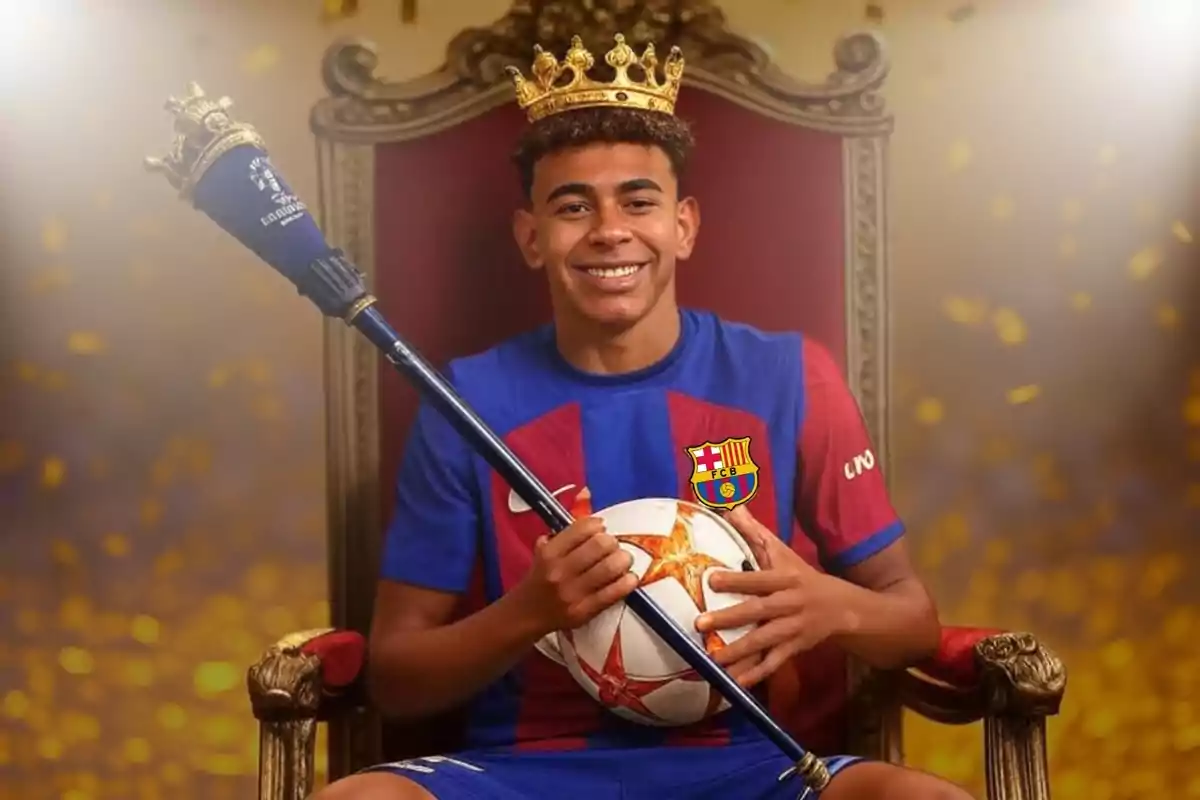 A young man with a crown and a scepter, wearing the FC Barcelona uniform, sitting on a throne and holding a soccer ball.