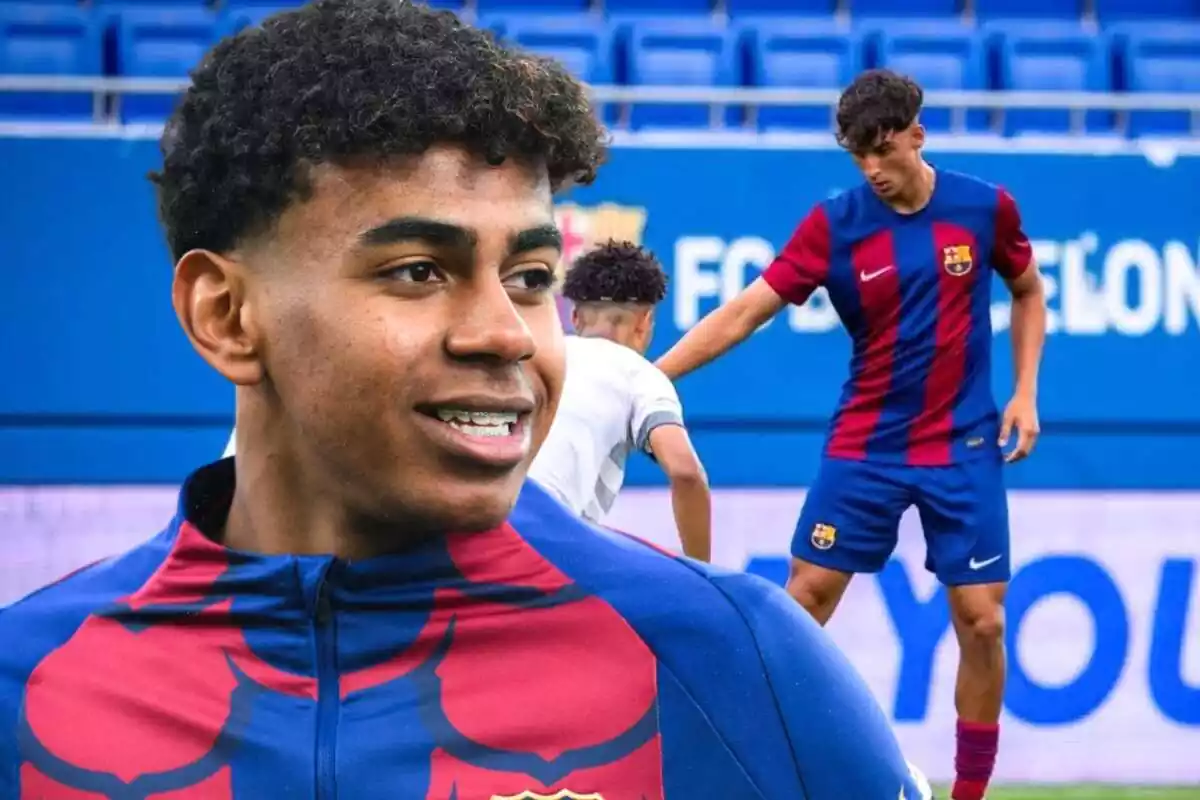 El futbolista del primer equip del Barça Lamine Yamal en primer pla amb una foto del seu millor amic Guille Fernández, del Juvenil A culer i de només 15 anys.