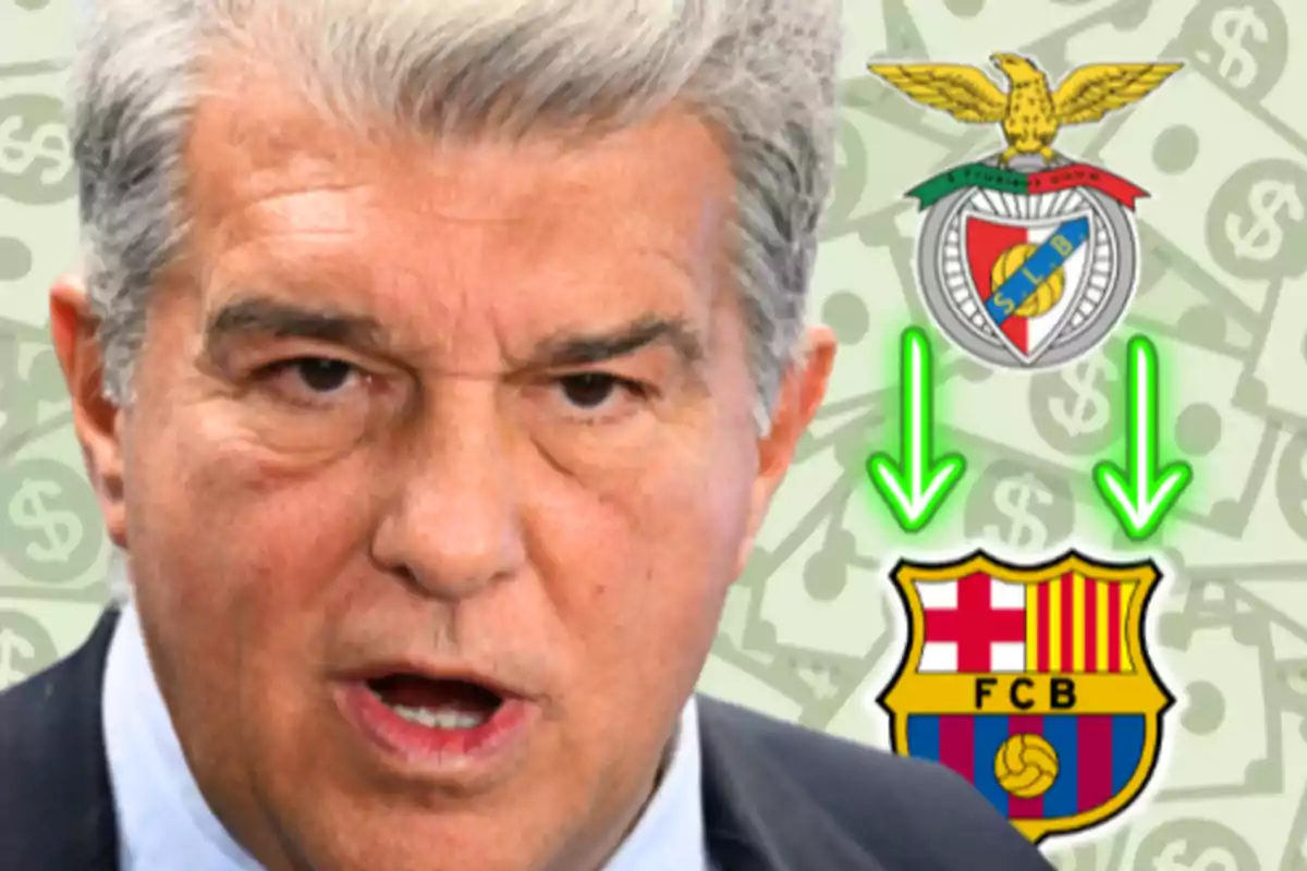 A man with the Benfica logo and the Barcelona logo with green arrows on a background of money symbols.