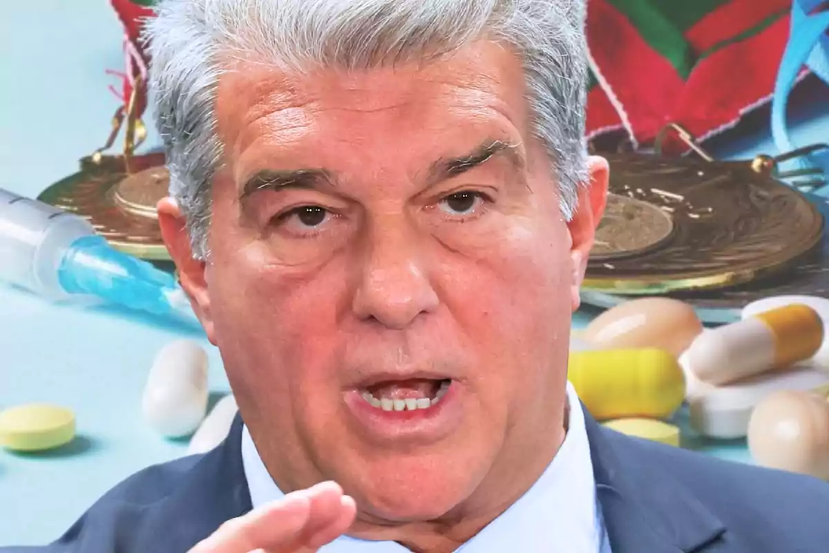 A gray-haired man in the foreground with a serious expression, in the background there is a medal, a syringe, and several pills.