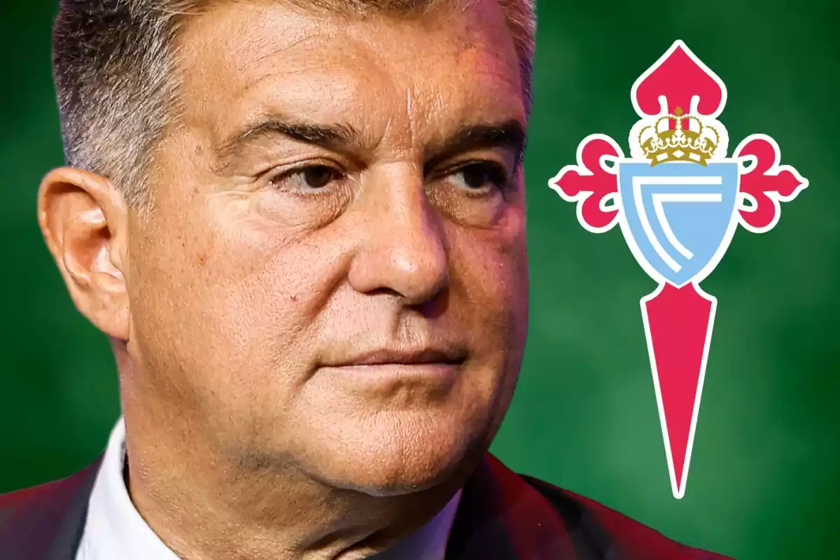 Joan Laporta mirant un escut del Celta de Vigo