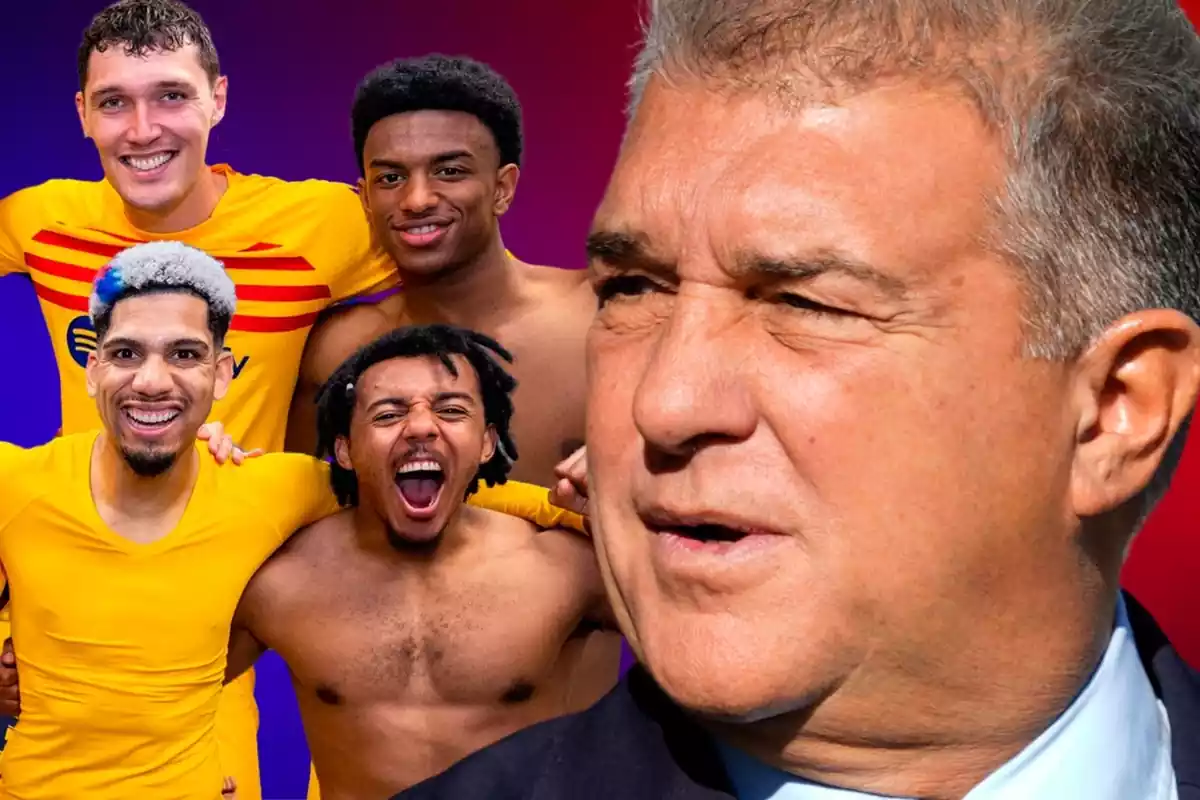 Joan Laporta mirant de perfil tots els seus defenses del Barcelona